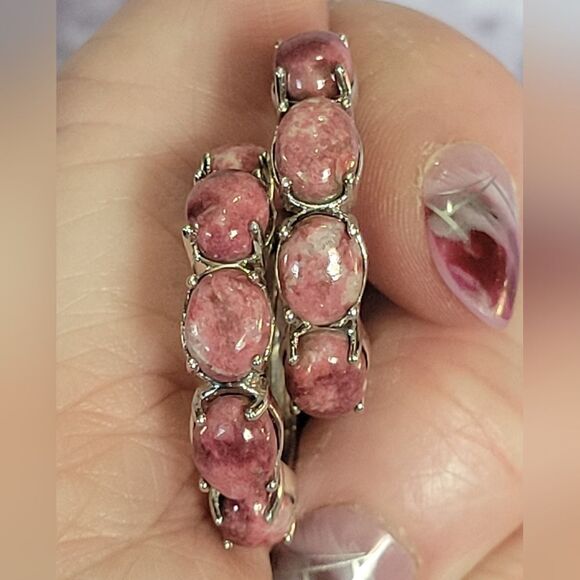 Elegant Silver and Pink Stone Hoop Earrings - Picture 6 of 14